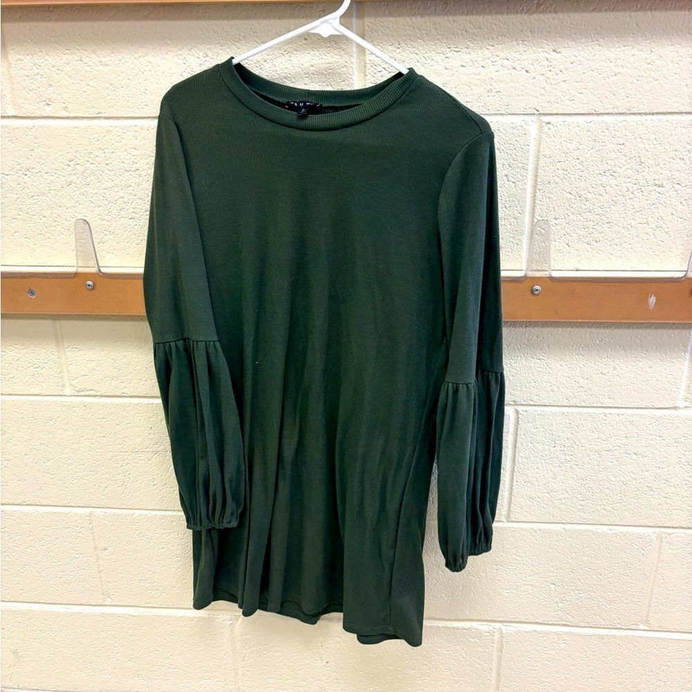 Elegant Martini Olive Green Ribbed Lantern Sleeve Dress by As U Wish